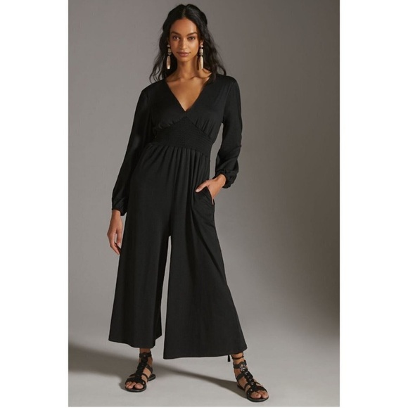 Hutch Pants - Athropologie Hutch Jumpsuit Wide Leg Long Sleeve V Neck Smocked Neutral Black S
